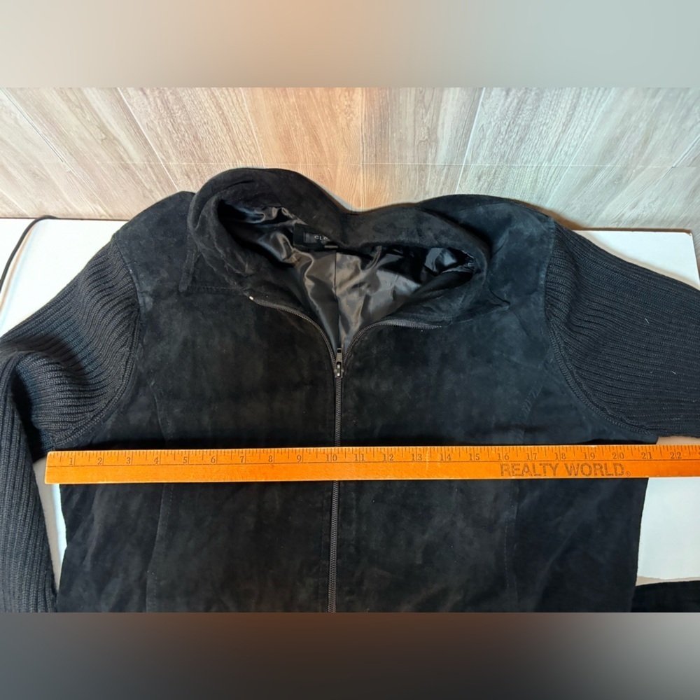 Clothes By Revue Elegant Black Suede Leather Coat Knit Sleeves with Belt Vintage - Picture 8 of 10